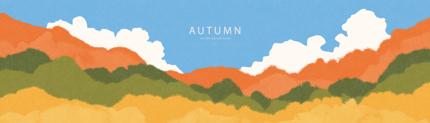 Fototapeta premium Autumn mountain landscape banner in a painterly style with grainy texture. Vibrant orange, green and yellow rolling hills under blue sky with clouds for seasonal backdrop, vector illustration.