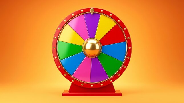 A bright game wheel with colorful segments and gold details implying luck and chance.