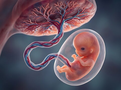 Detailed 3D medical illustration of human fetus connected to placenta via umbilical cord with placenta connection prenatal development pregnancy stage embryo growth maternal circulation
