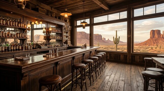 Desert landscape with mesas and saguaro cactus seen through saloon windows.