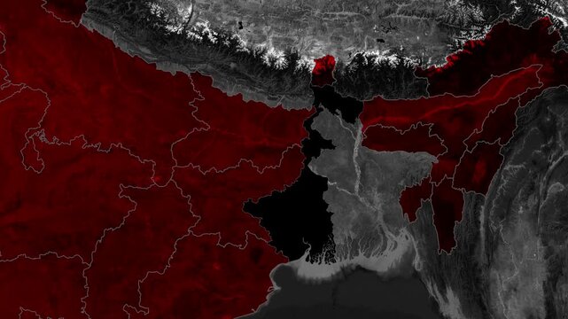 west bengal map with red highlighted regions over satellite terrain for weather geography news and visualization