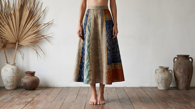 Woman wearing bohemian patchwork a-line maxi skirt made of woven linen and ethnic ikat silk patterns standing barefoot on wooden floor