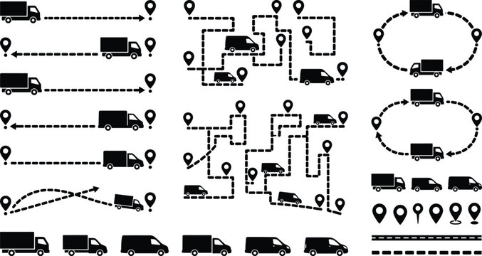 Set of black silhouette delivery truck route icons, destination pins, and path maps.
