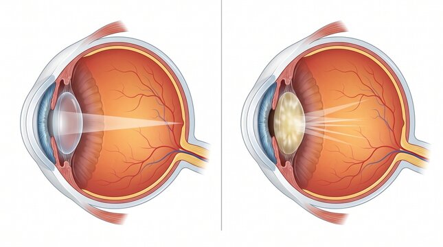 Anatomical scientific diagram of the refraction of light by a healthy lens and the scattering of light during cataracts inside the eyeball.