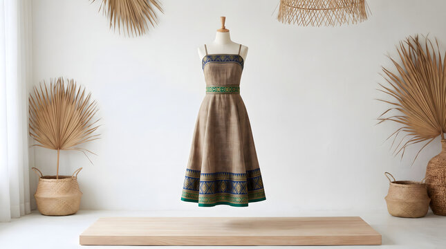 Woman wearing bohemian patchwork a-line maxi skirt made of woven linen and ethnic ikat silk patterns standing barefoot on wooden floor