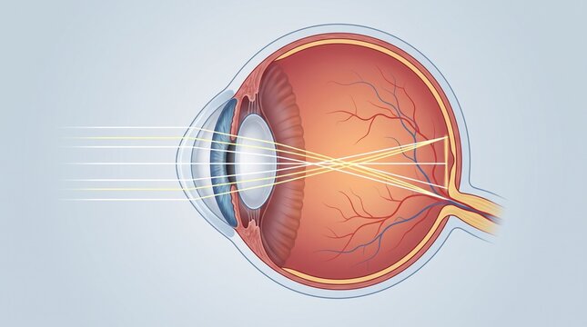 Cross-sectional infographics of the path of light rays through the cornea, pupil and lens onto the retina of the human eye.