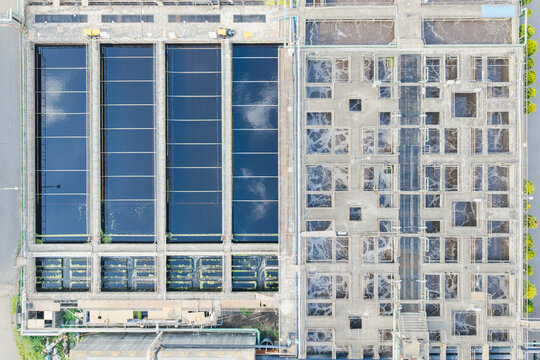 Aerial Wastewater Treatment Plant Reflecting Sky