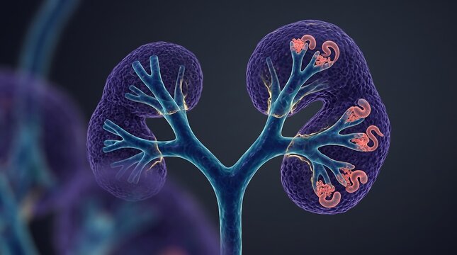 Detailed 3D medical illustration of human kidney internal structure showing nephrons and renal pelvis with kidney anatomy nephron structure internal organ urinary system medical rendering