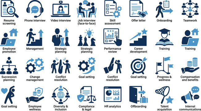Set of blue and dark grey human resources, recruitment, and corporate management icons.