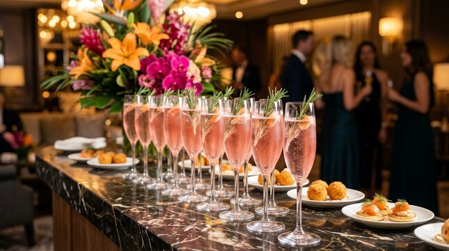 Row of pink champagne cocktails and gourmet food appetizers on a bar with flowers.