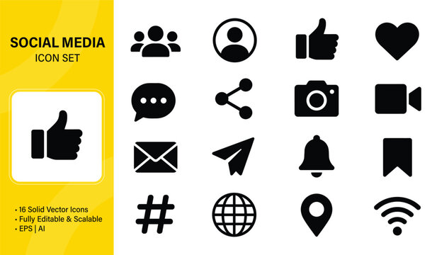 Social Media Icon Set, Solid Vector Icons for Communication, Network, Messaging, and Digital Marketing