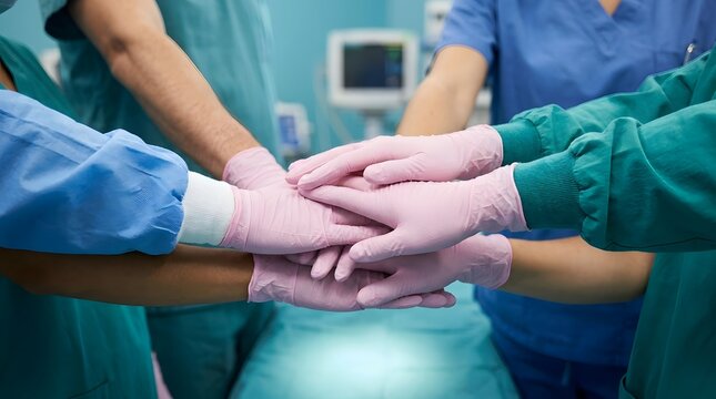 Medical team stacking hands together in a hospital operating room