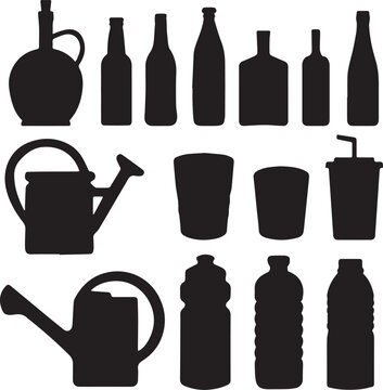 Various black silhouette vector objects including bottles containers