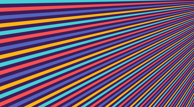Vibrant retro sunburst background with colorful diagonal perspective rays on dark background. Vector illustration.