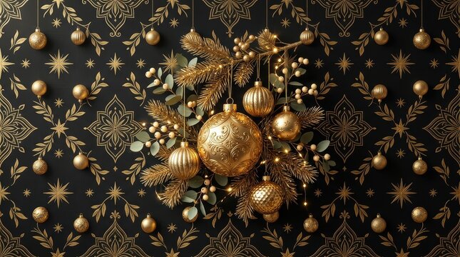 Elegant christmas arrangement with golden ornaments and pine branches on a decorative black and gold patterned background