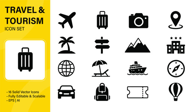 Travel and Tourism Icon Set, Solid Vector Icons for Vacation, Holiday, Trip, Transportation, and Hotel Concepts
