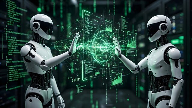 Two humanoid robots interacting with a digital interface