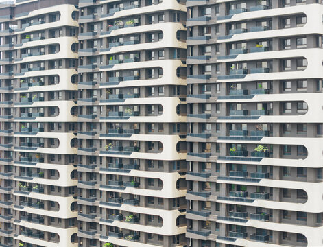 Modern High Rise Apartment Facade with Curved Balconies