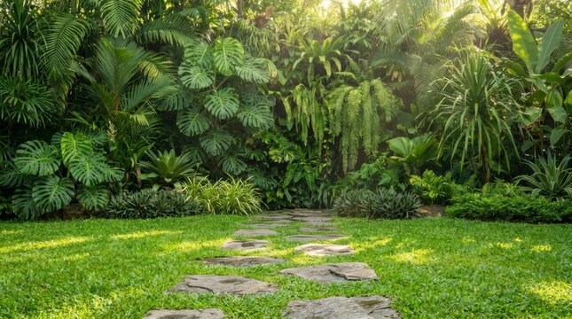 A stone path crossing green grass toward a thick tropical plant backdrop.