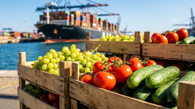 Global food trade and agriculture concept featuring fresh produce transportation and logistics at a shipping port.