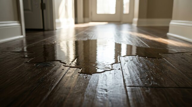 Sunlight hits the wet planks of a wooden floor damaged by a water leak.