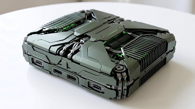 Futuristic green military style mini computer console with complex mechanical details and glowing internal lights