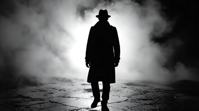 Mysterious silhouette of a man in a trench coat and fedora standing in the darkness amidst fog