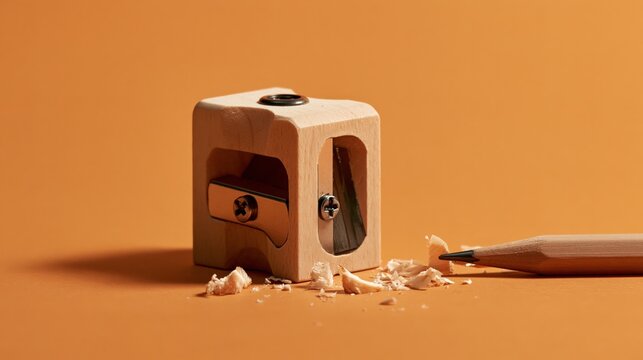 A wooden tool for sharpening graphite writing implements sits atop a vibrant orange surface next to scattered wood shavings created by the manual process of making a lead point for drawing tasks