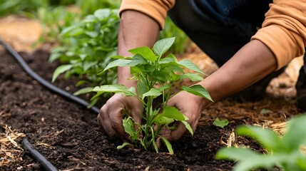Fototapeta premium A person carefully planting a young green vegetable seedling into rich dark soil in a garden bed