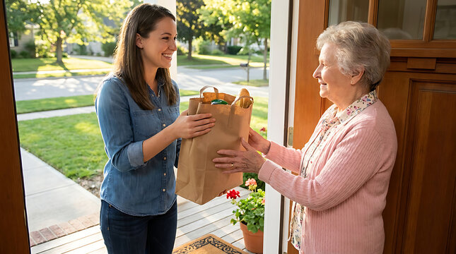 Young woman delivering a paper bag of groceries to an elderly woman at her front door