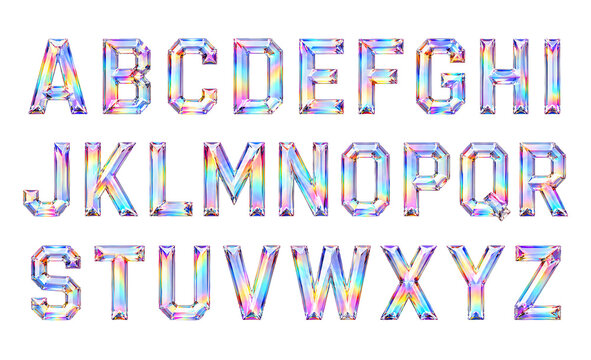 Prismatic crystal alphabet set with iridescent capital letters, isolated on transparent background, png