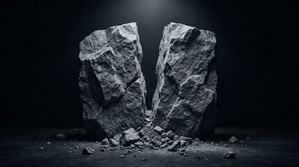 Naklejka premium Fractured grey rocks split apart with loose rubble at the base in a dramatic setting.