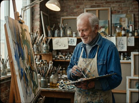 Senior Male Artist Painting on Canvas in Rustic Art Studio