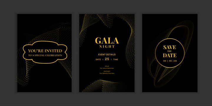 Luxury gold and black gala invitation card set vector. Elegant particle wave line templates for wedding, party, corporate event, VIP celebration and formal night design