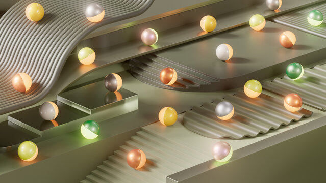 Luminous Spheres Moving Through Modern Architectural Landscape