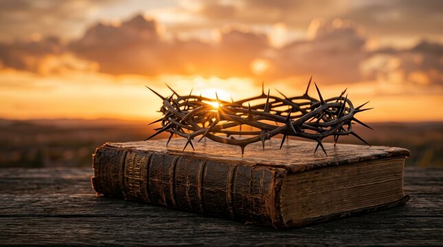 Christian symbol of faith and sacrifice featuring a crown of thorns on a vintage bible.