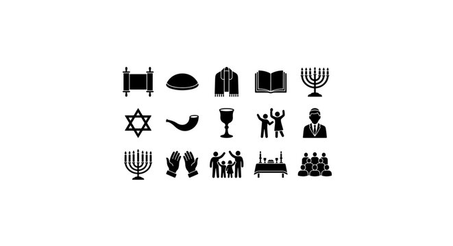 Jewish Culture Icons Set, Religious Symbols, Holidays, Synagogue, Torah, Menorah, Star of David