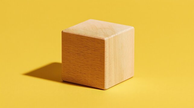 A single wooden cube rests upon a vibrant yellow surface casting a dark shadow that emphasizes the geometric form and texture of the natural material which appears perfect for creative work