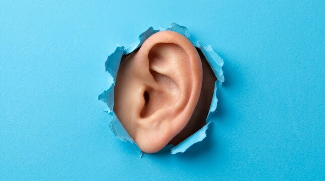 A human ear peering through a hole in ripped blue paper representing communication barriers.