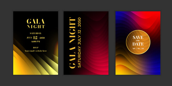 Luxury gold and dark red gala invitation card set vector. Elegant fluid wave templates for wedding, party, corporate event, VIP celebration and formal night design