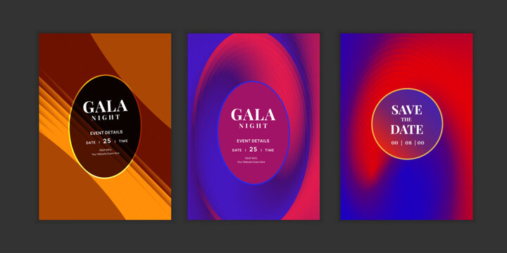 Modern colorful fluid gradient gala invitation card set vector. Abstract swirl pattern templates for wedding, party, corporate event, VIP celebration and formal night design.