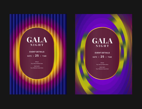 Futuristic purple and yellow gradient gala invitation card set vector. Modern abstract optic wave templates for wedding, party, corporate event, VIP celebration and formal night design.