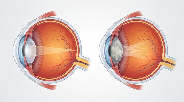 Anatomical scientific diagram of the refraction of light by a healthy lens and the scattering of light during cataracts inside the eyeball.