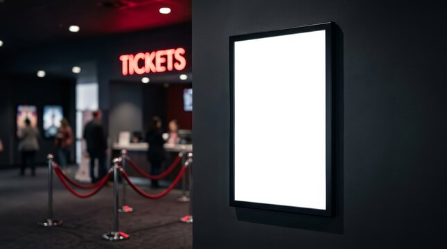 Movie theater ticket counter with glowing red signs and velvet ropes next to a white poster display.