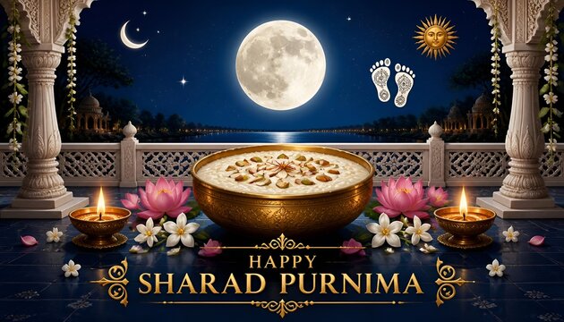 Happy Sharad Purnima greeting banner with kheer and full moon