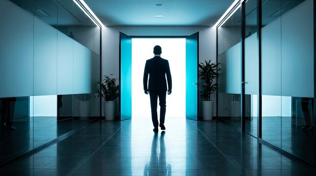 A businessman leaves his job behind, walking through an open door in a corporate hall.