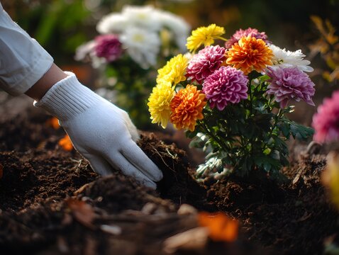 Autumn gravesite care with white-gloved hand planting colorful flowers before All Saints Day