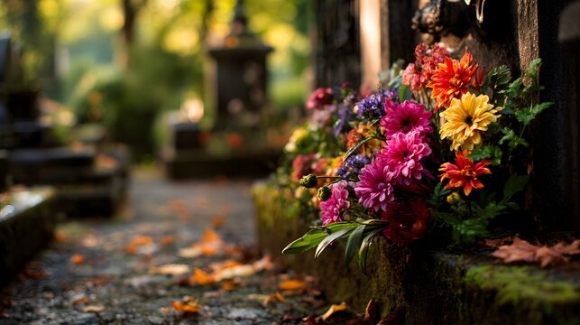 Beautiful flowers on a gravestone in a cemetery. All Saints Day concept