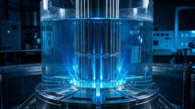 Metal rods glowing underwater in a futuristic clean energy nuclear reactor core.