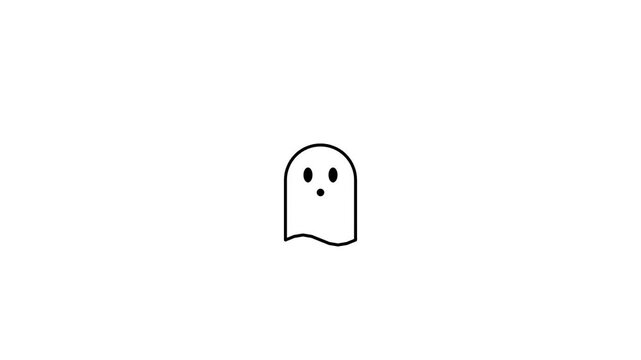 A simple black and white line drawing of a cute cartoon ghost with a surprised expression on a plain white background.